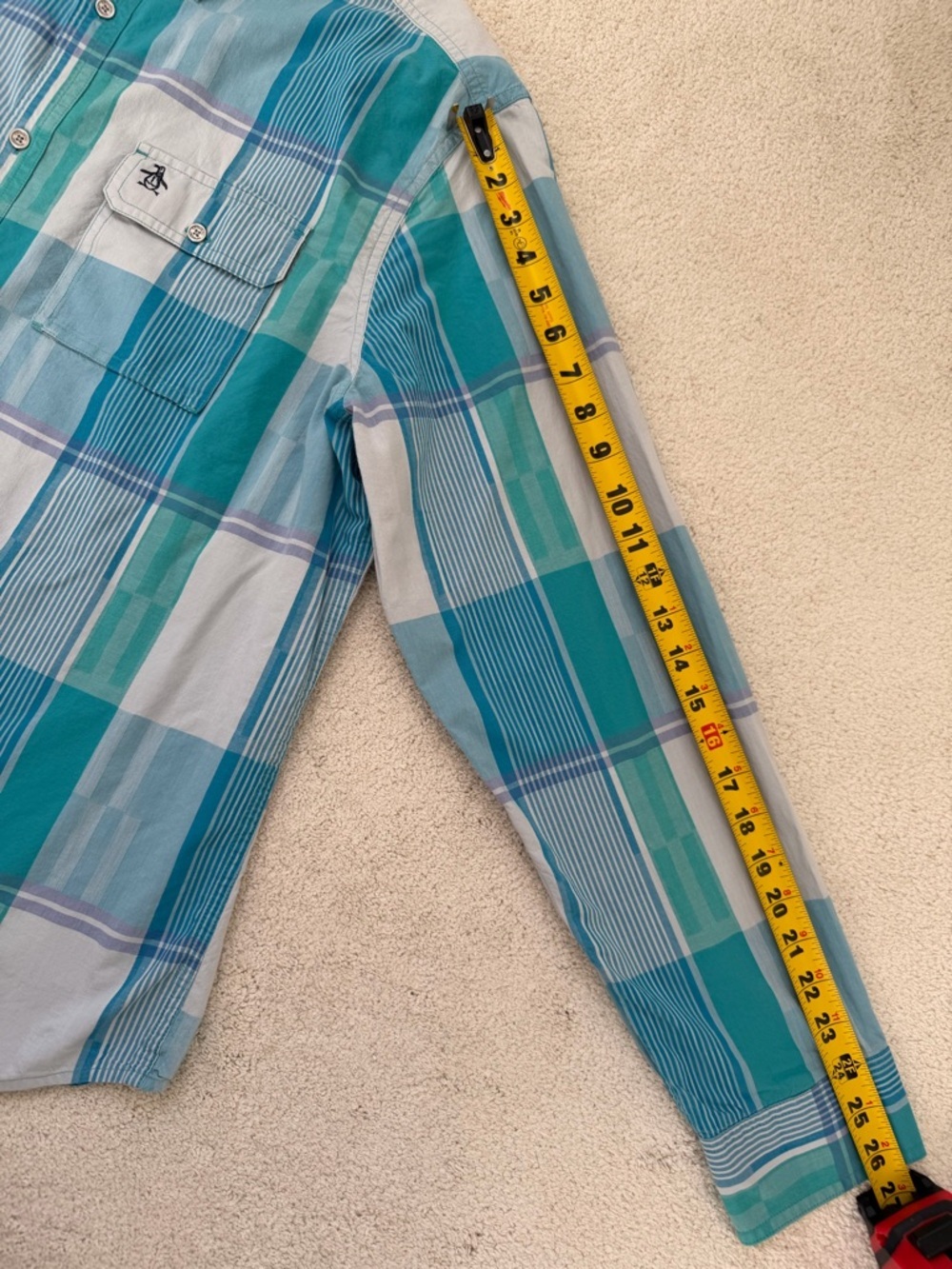 Original Penguin Teal & Light Blue Plaid Botton-Up Shirt XXL - Picture 7 of 11